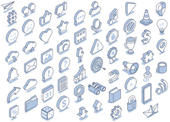 isometric vector illustration on a white background, a large set of icons on the theme of social networks and business, text bubbles with likes and emoticons