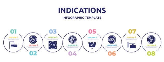 indications concept infographic design template. included rectangular, mining work zone, dry medium heat, no littering, 50 degrees medium agitation, crossing road caution, store board, restaurant