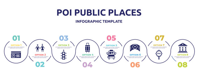 Fototapeta na wymiar poi public places concept infographic design template. included parking card, girl and boy, semaphore light, hand luggage, bus front with driver, nursing, stop hexagonal, museum icons and 8 option