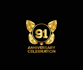91th anniversary celebration day with gold color Light bright modern logo Design element