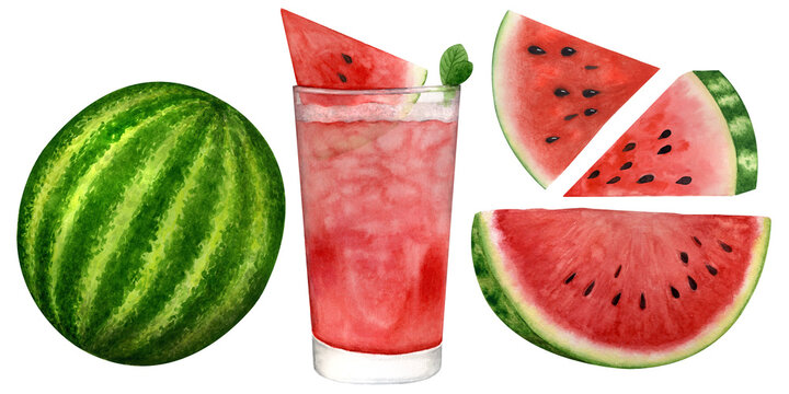 Watercolor drawing of watermelon, slices. A cold watermelon drink with ice. Drawn by hand.