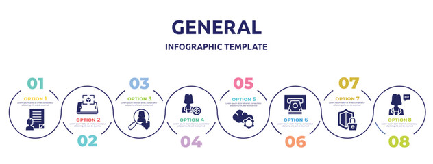 general concept infographic design template. included agent script, ar presentation, hr solutions, impeachment, cloud service, atm cash, e-privacy, hr manager icons and 8 option or steps.