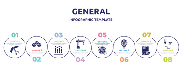 general concept infographic design template. included inauguration, ar platform, business performance, construction crane, autopilot, fintech innovation, credit report, biomass energy icons and 8