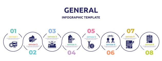 general concept infographic design template. included data science, beauty care, ecommerce strategy, eco battery, build time, affiliate link, copywriting, hr policies icons and 8 option or steps.