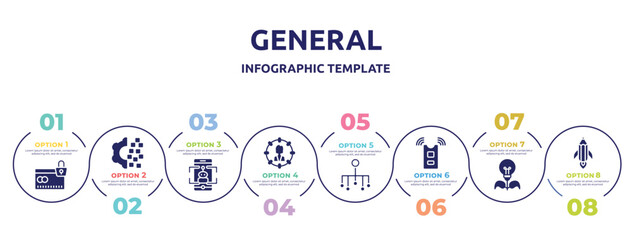 general concept infographic design template. included credit limit, digital transformation, ar game, direct marketing, classification, active sensor, energy efficiency, creative pencil rocket icons