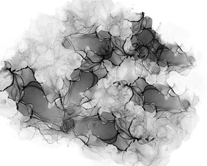 Grayscale, black abstract fluid liquid paint, digital alcohol ink pattern, flowing art. Isolated png illustration, transparent background. Use for overlay, montage, texture, scrapbooking.