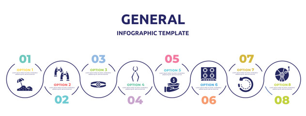 general concept infographic design template. included sand, pair of binoculars, head mirror, nail puller, poverty, hob, clockwise, cd record icons and 8 option or steps.