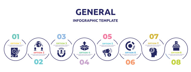 general concept infographic design template. included quiz, outsourcing, user engagement, product release, marketing budget, market share, patience, referendum icons and 8 option or steps.