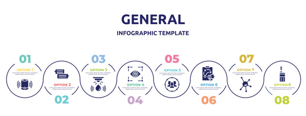 general concept infographic design template. included smart speaker, text chat, water sensor, trackability, team target, marketing plan, organism, laser measurement icons and 8 option or steps.
