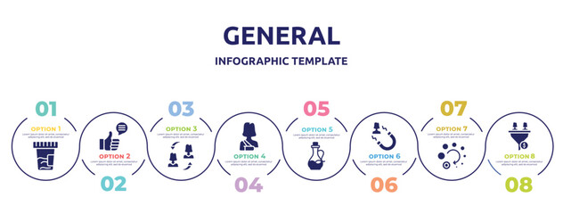 general concept infographic design template. included urine test, social campaign, on coaching, shoulder immobilizer, massage oil, user attraction, loading, lead conversion icons and 8 option or