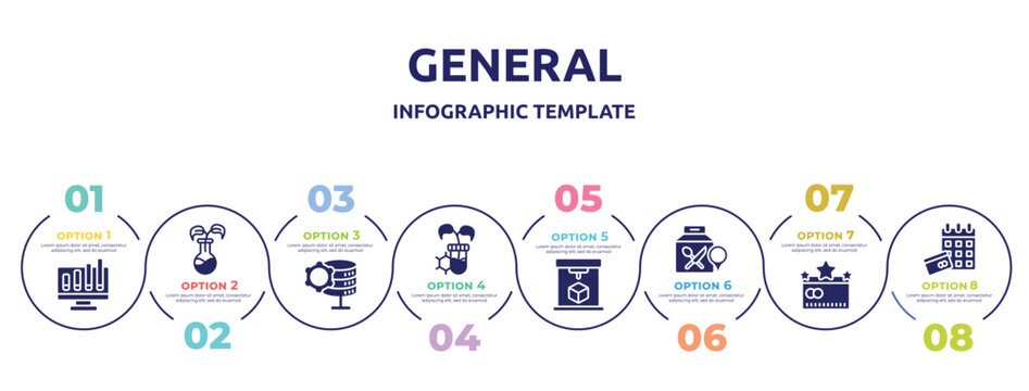 General Concept Infographic Design Template. Included Ar Graph, Bio Technology, Data Engineering, Biotechnology, 3d Printing, Food Delivery, Credit Rating, Annual Fee Icons And 8 Option Or Steps.