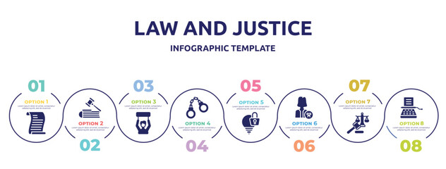 law and justice concept infographic design template. included scroll with law, employment law, civil rights, criminal intellectual property, attorney, and justice, stenographer icons and 8 option or