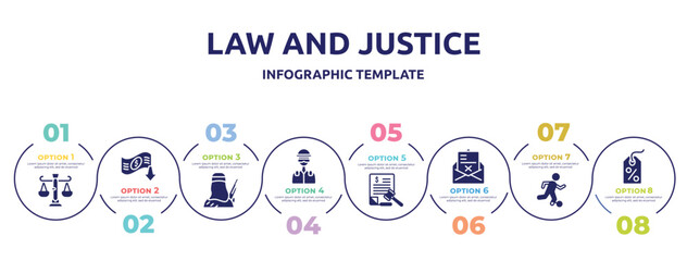 law and justice concept infographic design template. included business law, bankruptcy, , tax law, crime letter, escape, bargain icons and 8 option or