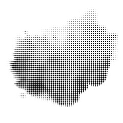 Blob of retro halftone effect, pattern. Monochrome, grayscale, gradient, dotted shape. Black dots, spots texture.  Isolated png illustration, transparent background. Use for overlay, montage, texture.