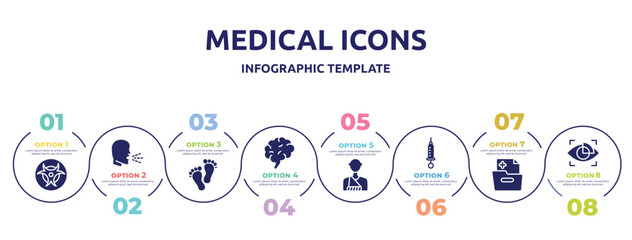 medical icons concept infographic design template. included toxic, unhealthy medical condition, human feet shape, human brain, man with broken arm, syringe with medicine, medical results folders,