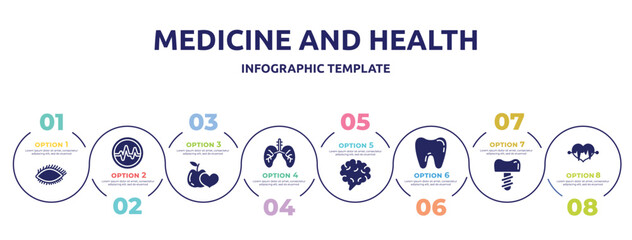 medicine and health concept infographic design template. included eye with lashes, life, healthy food for heart health care, lungs with the trachea, brain body organ, tooth, dentist tooth with