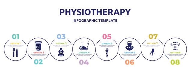physiotherapy concept infographic design template. included instruments, antidepressants, apitherapy, stationary bike, splint, doctors, ginseng, chiropractic icons and 8 option or steps.