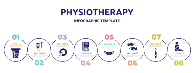 physiotherapy concept infographic design template. included urine test, ultrasound, insemination, vademecum, dentist mask, mice, periodontal scaler, broken leg icons and 8 option or steps.