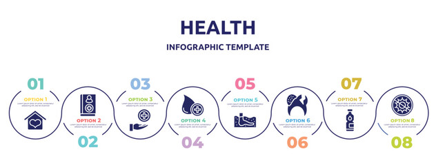 Fototapeta premium health concept infographic design template. included hospice, handbook, medical service, donor, thalassotherapy, decayed, mineral water, antibacterial icons and 8 option or steps.
