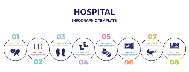 Fototapeta premium hospital concept infographic design template. included healthy tooth, blood sample, suppositories, baby socks, allergenic, icu, buggy, medical card icons and 8 option or steps.