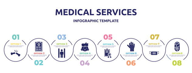 medical services concept infographic design template. included broken bone, examination, inversion therapy, swelling, medical certificate, rash, medical mask, pediatrics icons and 8 option or steps.