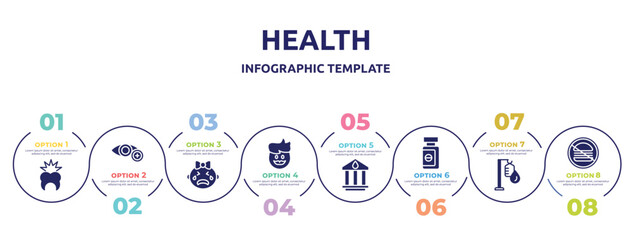 health concept infographic design template. included toothache, ophthalmology, crying, dad, blood bank, sleeping pills, intravenous, no junk food icons and 8 option or steps.