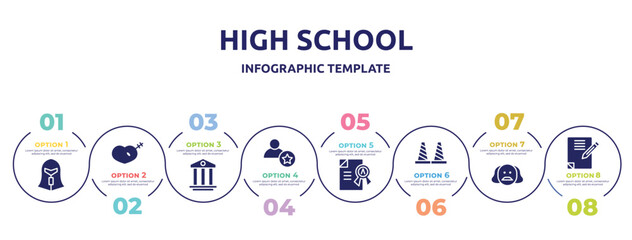 high school concept infographic design template. included spartan, treason, pillars, novice, grade, bollards, shakespeare, homework icons and 8 option or steps.