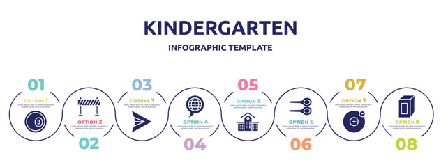 kindergarten concept infographic design template. included ball pool, traffic barrier, paper airplane, languages, kindergarten, badminton, electron, juice box icons and 8 option or steps.