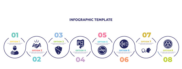 concept infographic design template. included patient, handshake, antivirus, intestine, avoid, travelling, virus transmission, outbreak icons and 8 option or steps.