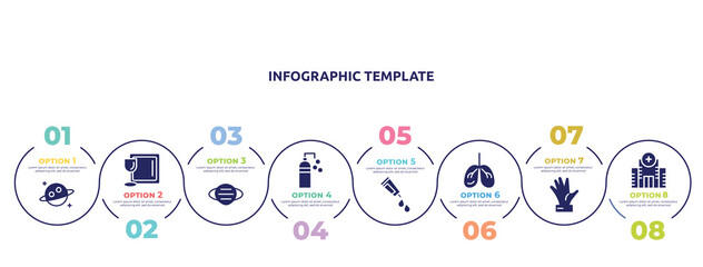 concept infographic design template. included planet, tableware, mask, disinfectant, gel, lungs, hand, hospital icons and 8 option or steps.