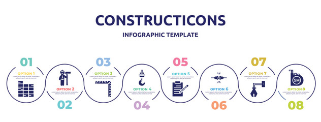 constructicons concept infographic design template. included constructing a brick wall, man painting, angle ruler, constructions, pencil on paper sheet, plug for electric connection, derrick with
