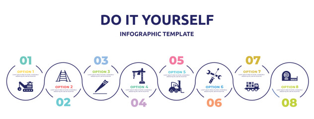 do it yourself concept infographic design template. included derrick with ball, double ladder, wood saw, construction crane hine, loader facing left, screwdriver and doble wrench, truck with load,