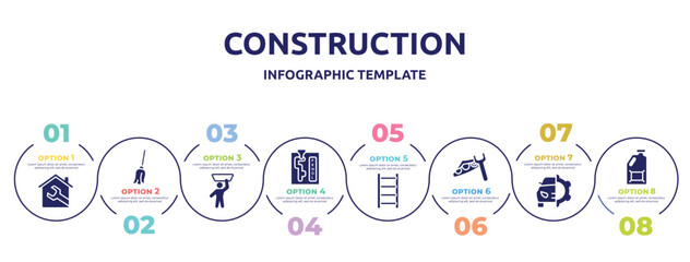 construction concept infographic design template. included house, cleaning mop, man, automatic transmission, ladder, headlight, car service, jerrycan icons and 8 option or steps.