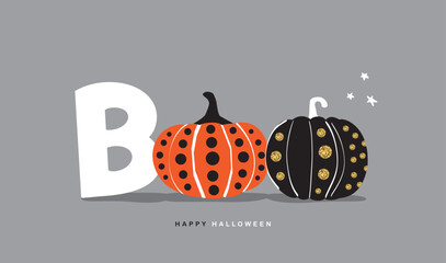 Boo typography design with Halloween pumpkin isolated on grey background.