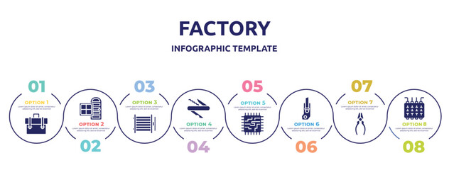 factory concept infographic design template. included businessman portfolio, door and window, condenser, swiss knife, motherboard, carpenter cutter, repair pliers, fuse box icons and 8 option or