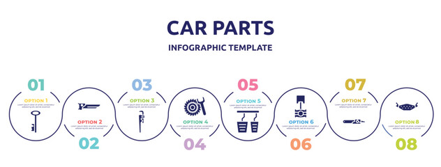 car parts concept infographic design template. included antique key, carpenter saw, stillson wrench, tyre, accelerator, piston, sharp chainsaw, brake pad icons and 8 option or steps.