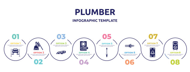 plumber concept infographic design template. included car lift, dustpan and brush, headlights, cad, garage screwdriver, spark plug, switch on, boiler icons and 8 option or steps.