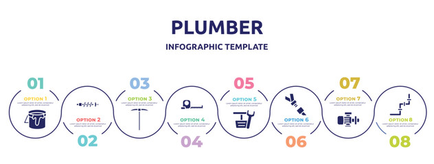 plumber concept infographic design template. included open paint bucket, suspension, gardening digger, open scale, pedals, seatbelt, pump, junction icons and 8 option or steps.