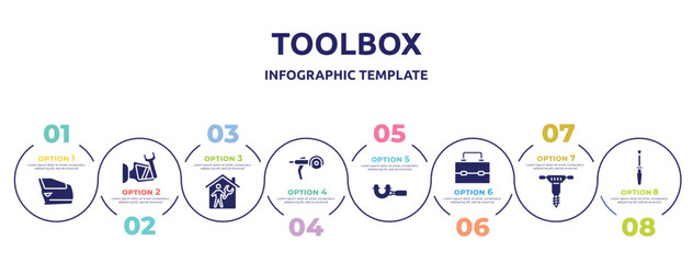 toolbox concept infographic design template. included car door, side mirror, repairman inside a home, grinder, micrometer, lunchbox, hydraulic breaker, repair screwdriver icons and 8 option or