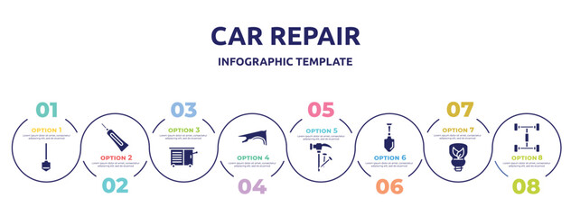 car repair concept infographic design template. included working shovel, caulk, vise, fender, hammer and nail, gardening palette, ecologic light bulb, chassis icons and 8 option or steps.