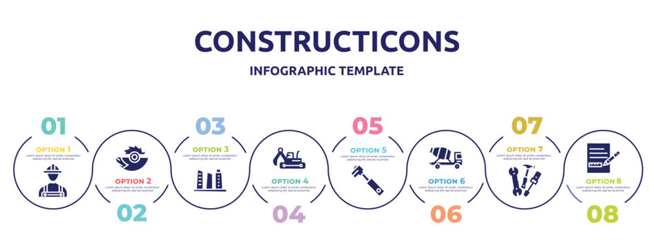 constructicons concept infographic design template. included constructor hand drawn worker, saw half cogwheel, building hand drawn tower, excavator hine arm, tool diagonal, concrete truck, three