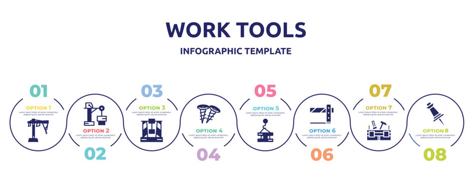 work tools concept infographic design template. included construction hand drawn sketch, big derrick with boxes, derrick with box, two screws, derrick with pallet, road barrier, toolbox, pin tool