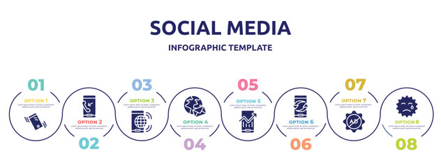 social media concept infographic design template. included phone on vibrational mode, outgoing call, internet connection by cellphone, around the globe, mobile analytics, exchanging arrows, ad