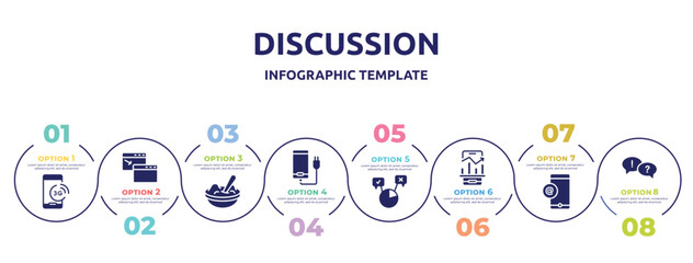 discussion concept infographic design template. included , new window, mashed potato, phone plug, polling, business stats on phone, mobile email, dispute icons and 8 option or steps.