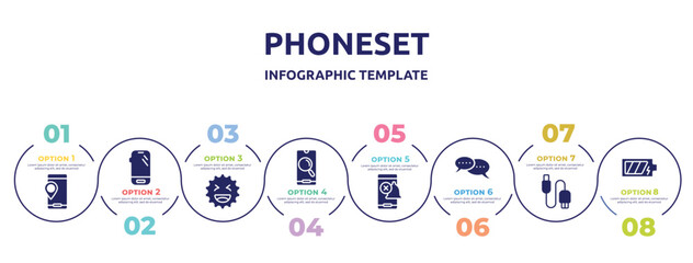 phoneset concept infographic design template. included , mobile phone variant, laughing, magnifier on phone screen, silent bell, chat bubbles with ellipsis, usb connector, phone battery icons and 8