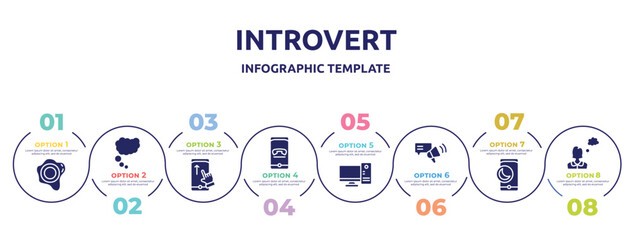 introvert concept infographic design template. included seals, thought bubble, swipe up, hang, desktop computer, testimony, half moon, thoughtful icons and 8 option or steps.