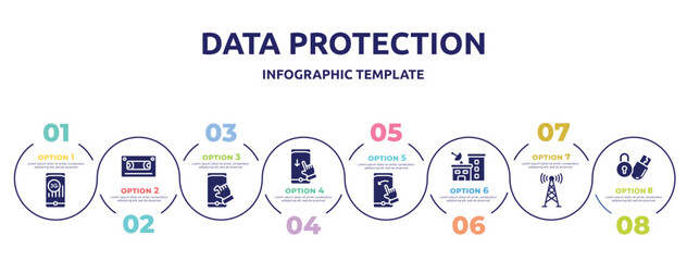 data protection concept infographic design template. included , audio tape, pinch, swipe down, swipe left, station, telecommunication, locking icons and 8 option or steps.