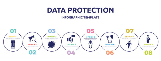 data protection concept infographic design template. included themes, expertise, shout, accomplishment, attraction, phone charger, shy, flash disk icons and 8 option or steps.