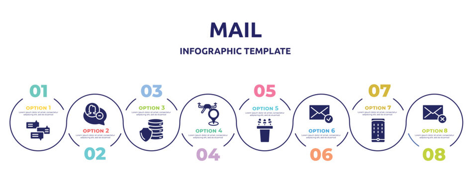 mail concept infographic design template. included debate, remove user, database security, street map, press conference, message received, dial pad, deleted icons and 8 option or steps.