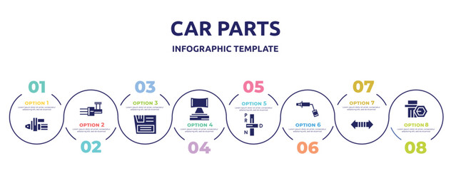 car parts concept infographic design template. included car starter, car distributor, glove compartment, headrest, transmission, wheel brace, indicator, wheel nut icons and 8 option or steps.